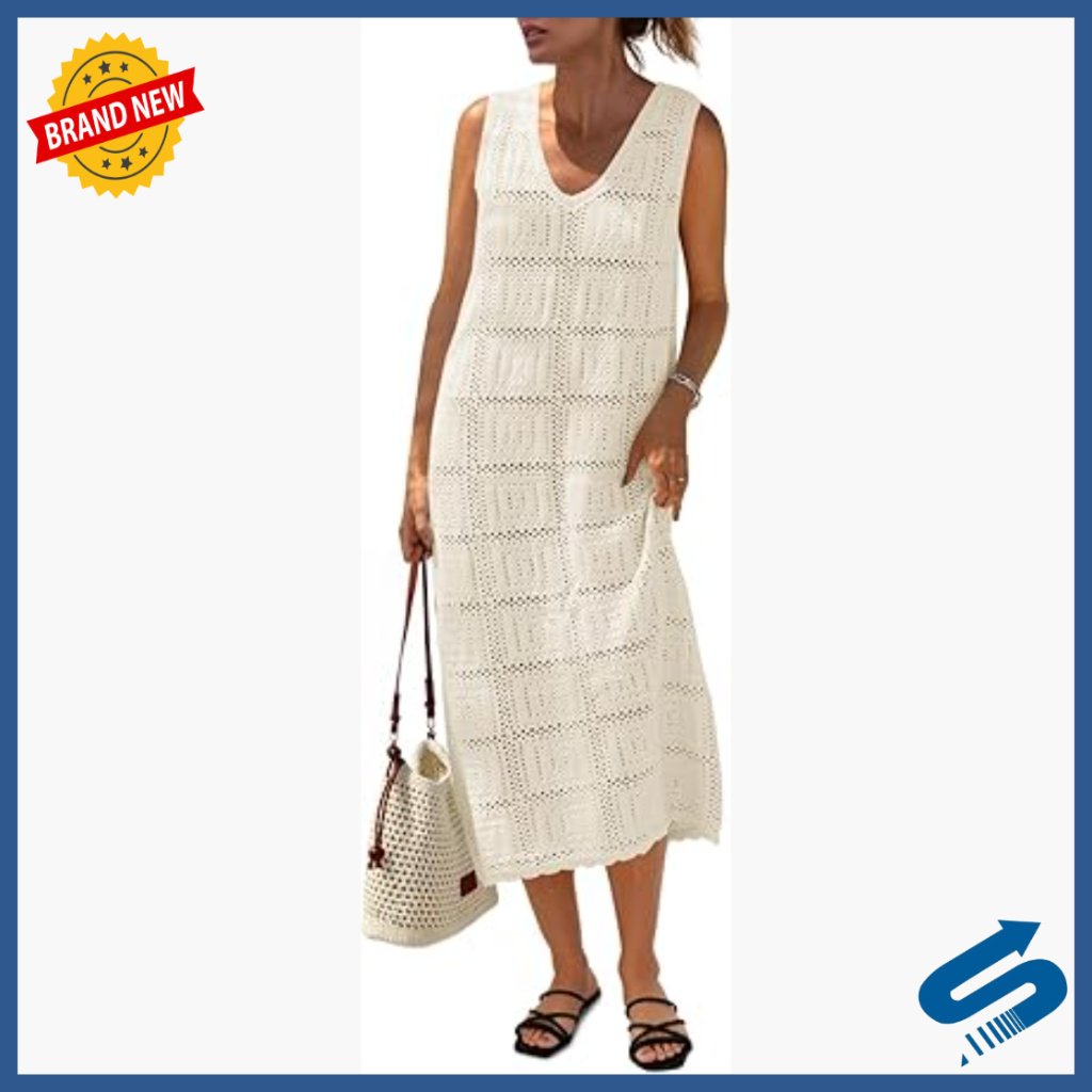 Crochet Sleeveless Midi Dress V-Neck Boho Cover Up Beach Vacation